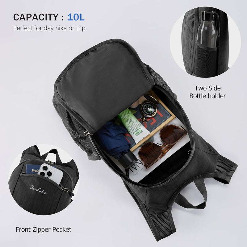 Uselike 10L Small Hiking Backpack Travel Daypack Lightweight Packable Back Pack for Women Men(Black) - Image 5